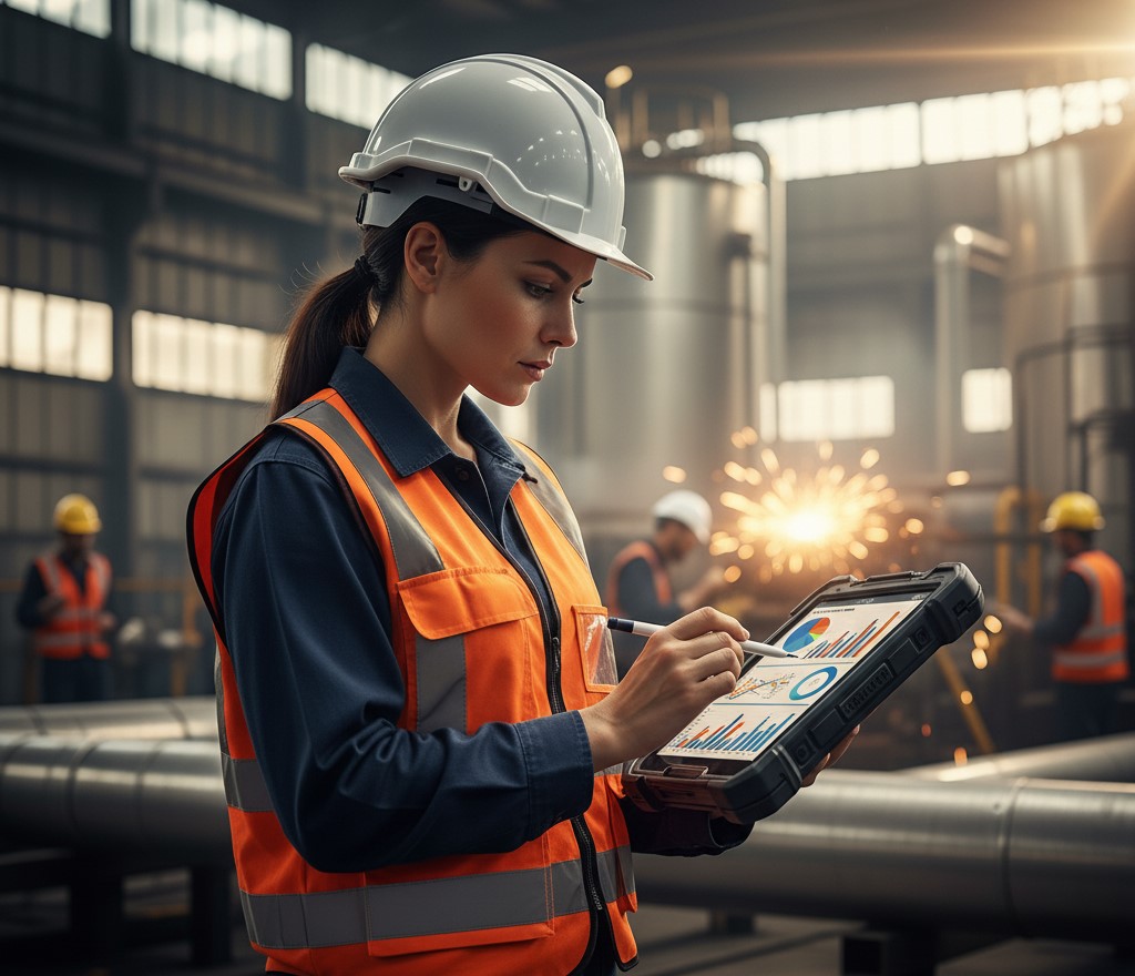 Engineer analyzing project data on a tablet in an industrial setting