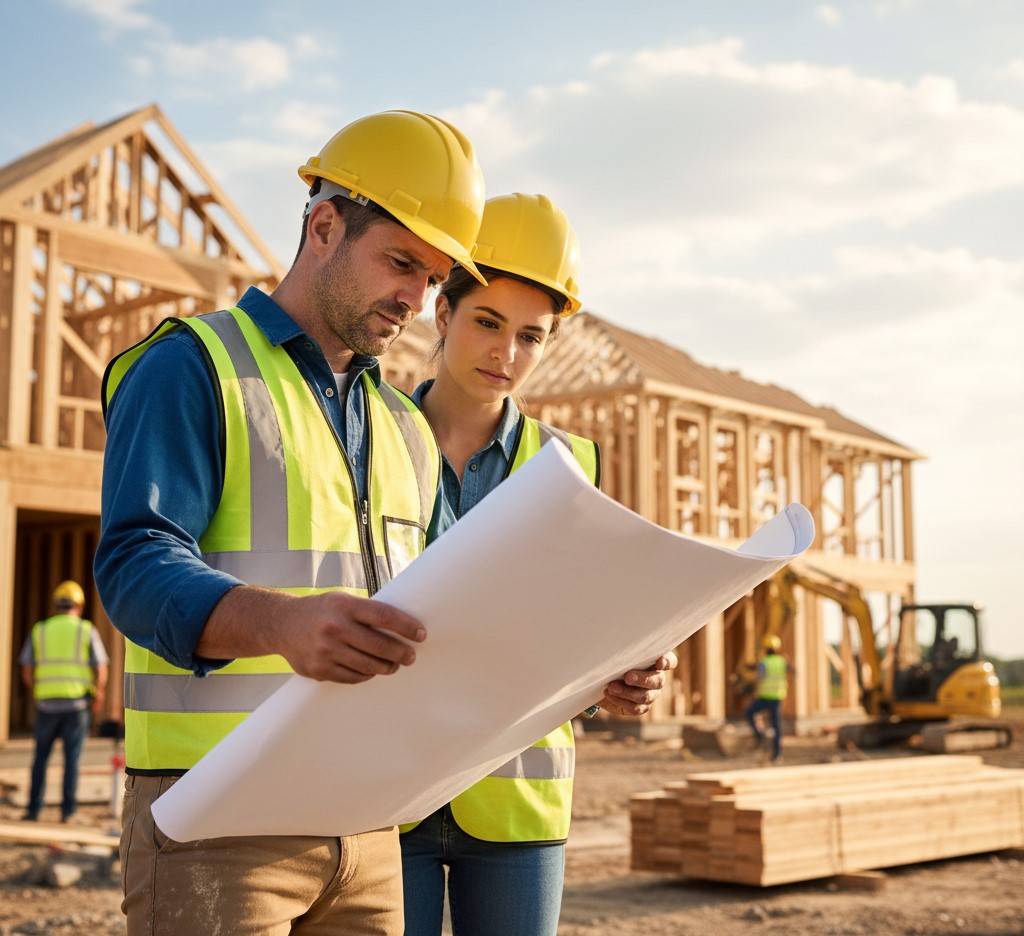Engineers reviewing blueprints on a construction site