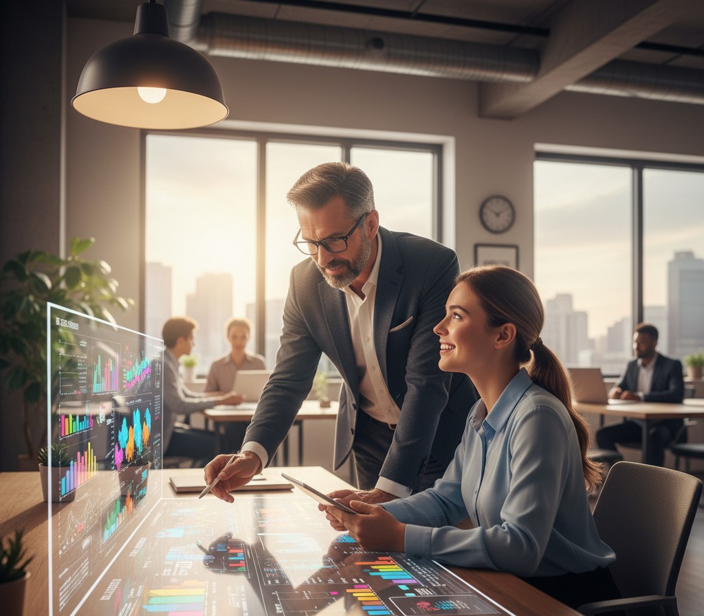 Mentor guiding a young professional in a modern office